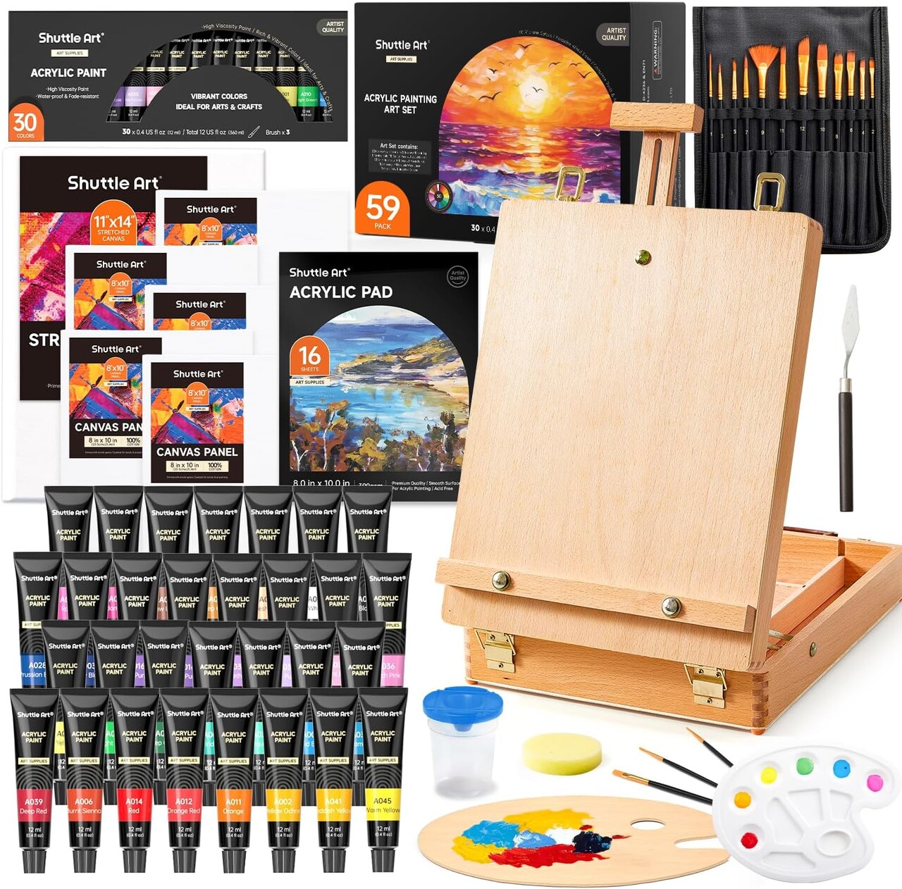 59 Pack Professional Painting Supplies with Wood Tabletop Easel, 30 Colors Acrylic Paint, Canvas, Brushes, Palette, Complete Painting Kit for Kids, Adults, Artists